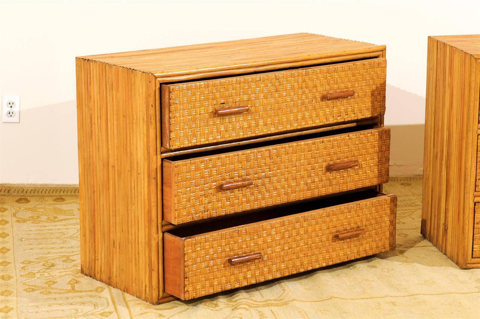 Handsome Pair of Restored Vintage Bamboo and Rattan Chests 1