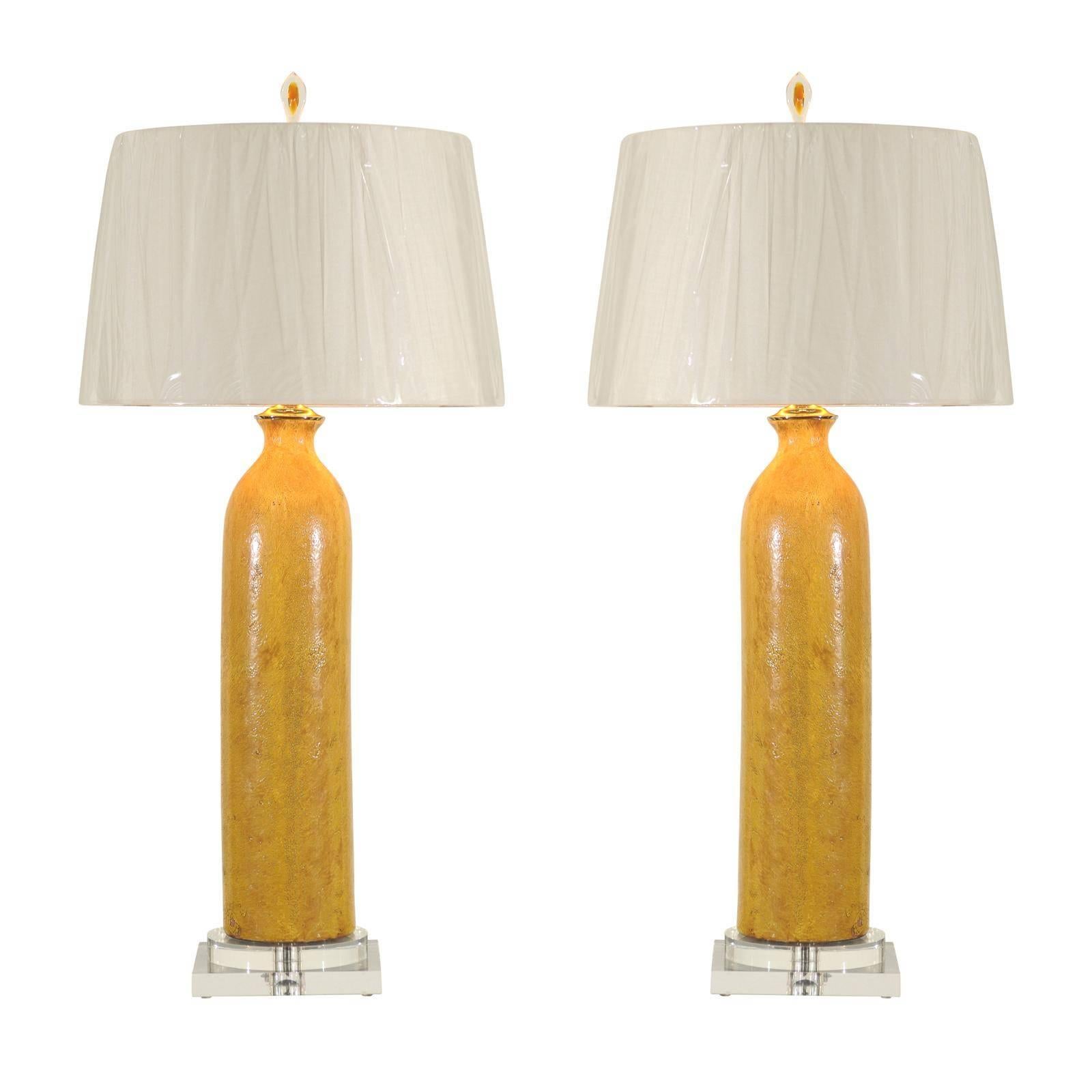 Stellar Restored Pair of Large-Scale Vintage Ceramic Lamps in Yellow Ochre