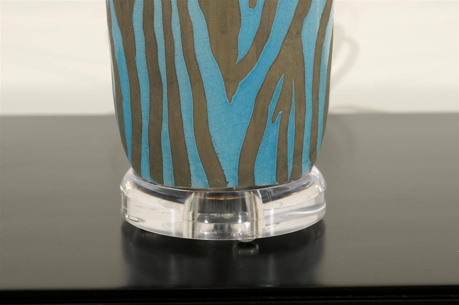 Fabulous Pair of Zebra Print Ceramic Vessels as Custom Lamps 3