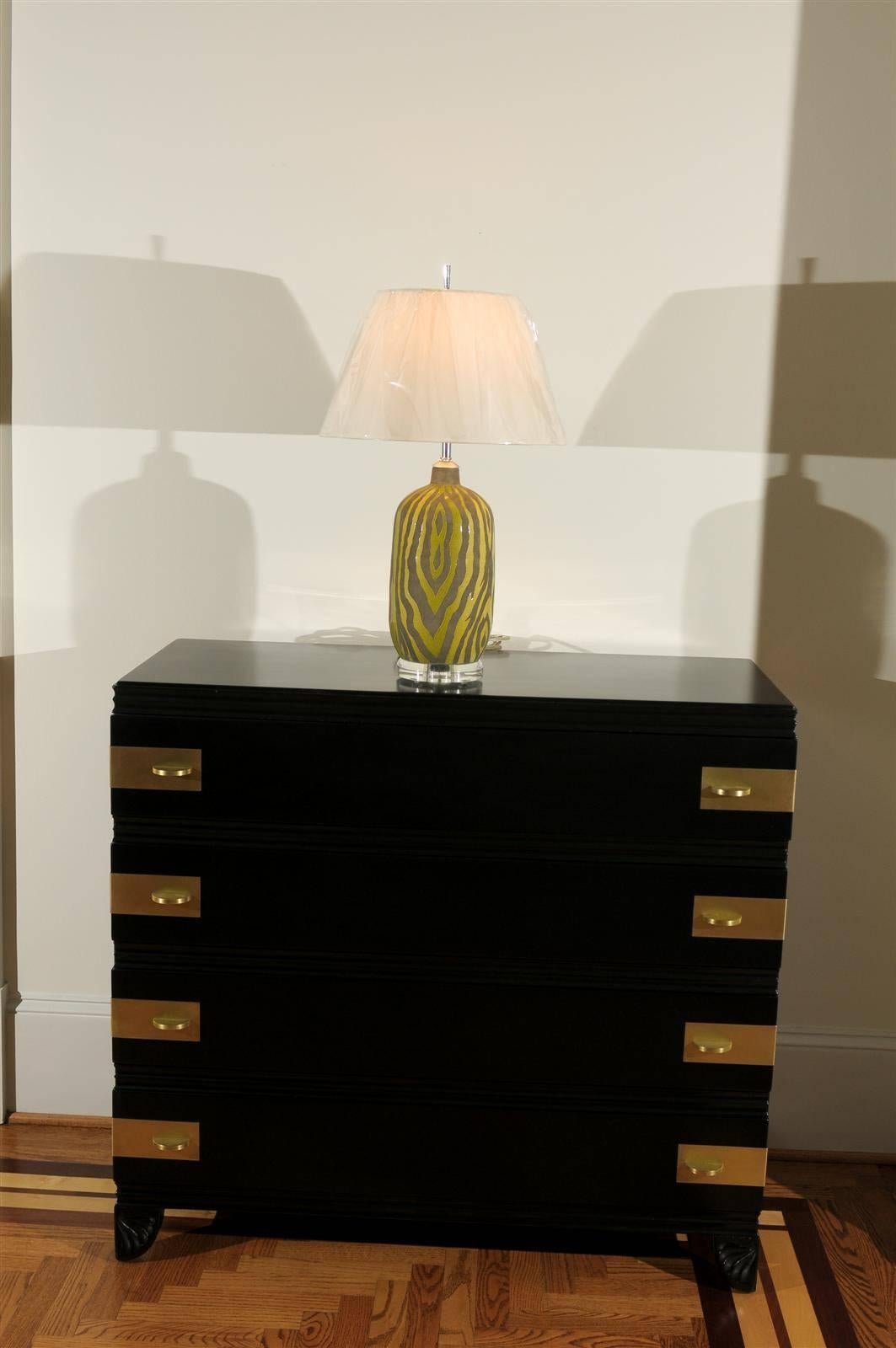 Mid-Century Modern Striking Restored Pair of Vintage Zebra Print Ceramic Lamps in Citrus For Sale