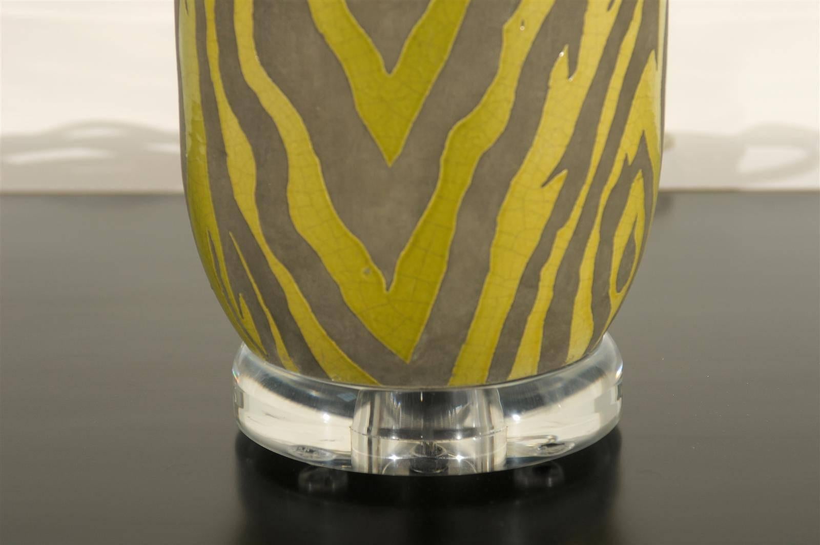 Late 20th Century Striking Restored Pair of Vintage Zebra Print Ceramic Lamps in Citrus For Sale