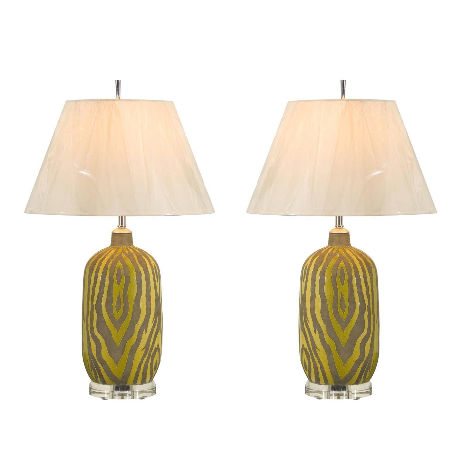 Striking Restored Pair of Vintage Zebra Print Ceramic Lamps in Citrus For Sale