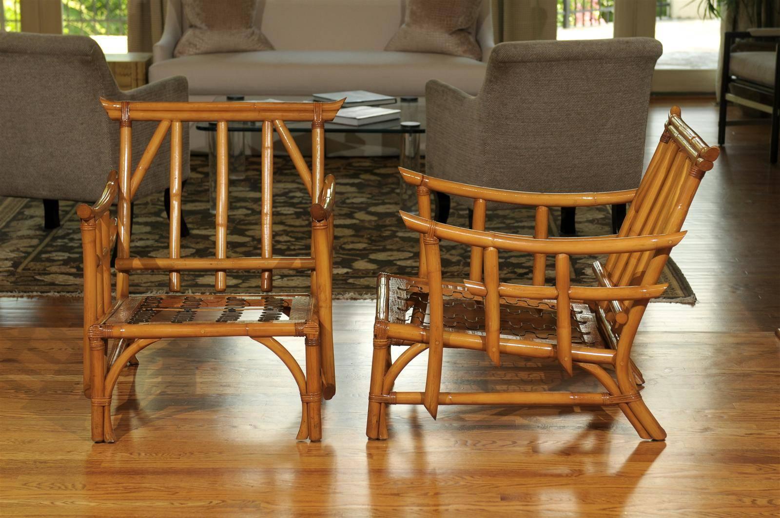 Magnificent Pair of Restored Vintage Rattan Pagoda Lounge Chairs, circa 1960 In Excellent Condition In Atlanta, GA