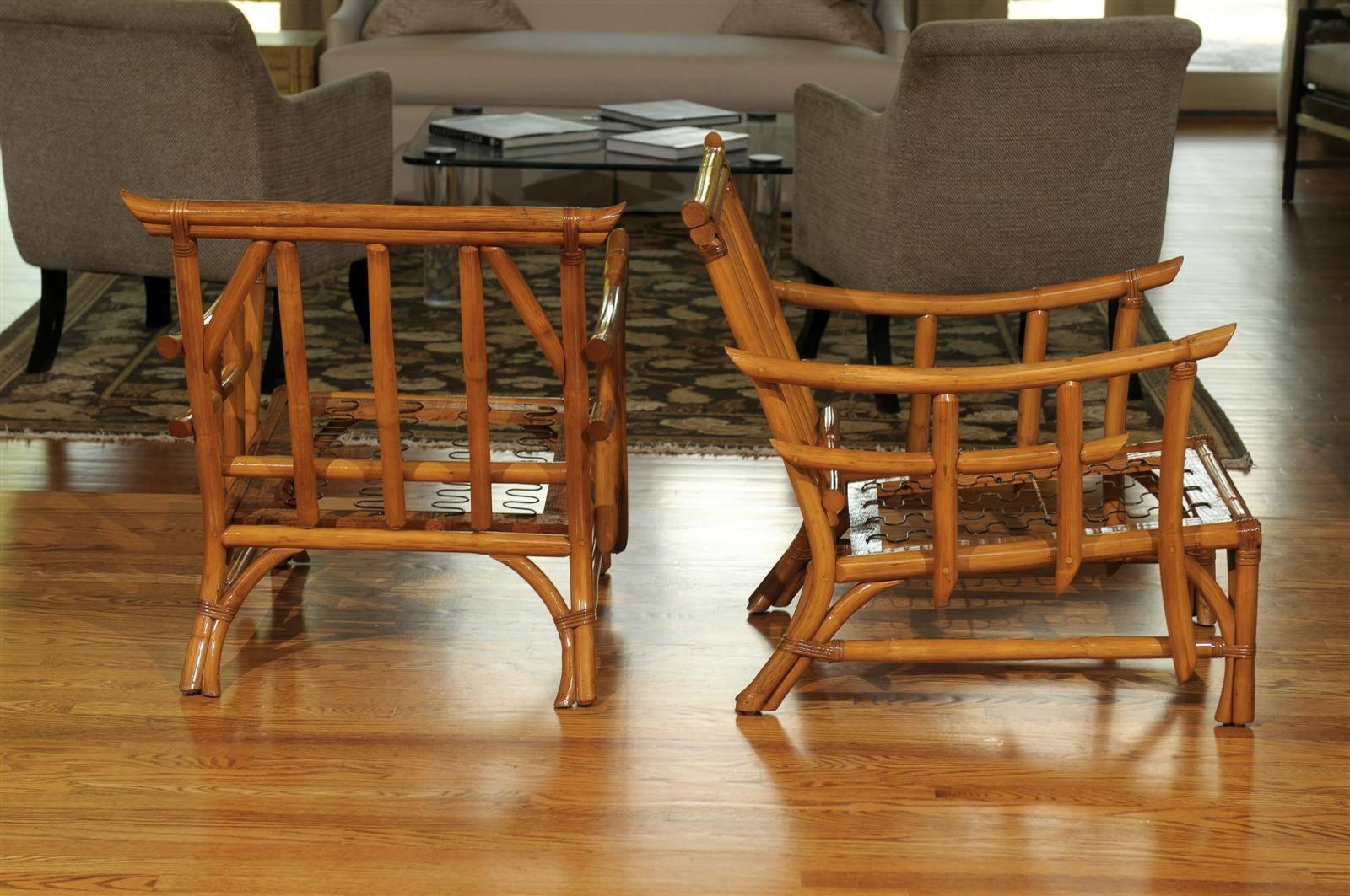 Mid-20th Century Magnificent Pair of Restored Vintage Rattan Pagoda Lounge Chairs, circa 1960