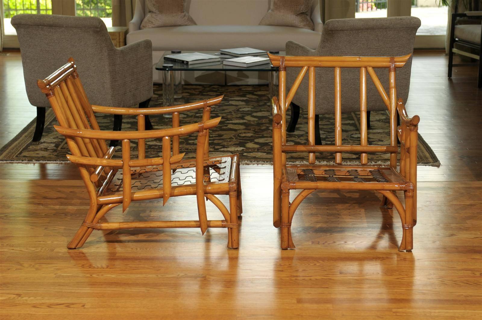 Magnificent Pair of Restored Vintage Rattan Pagoda Lounge Chairs, circa 1960 2