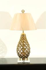 Lovely Restored Pair of Pierced Ceramic, Brass and Lucite Lamps