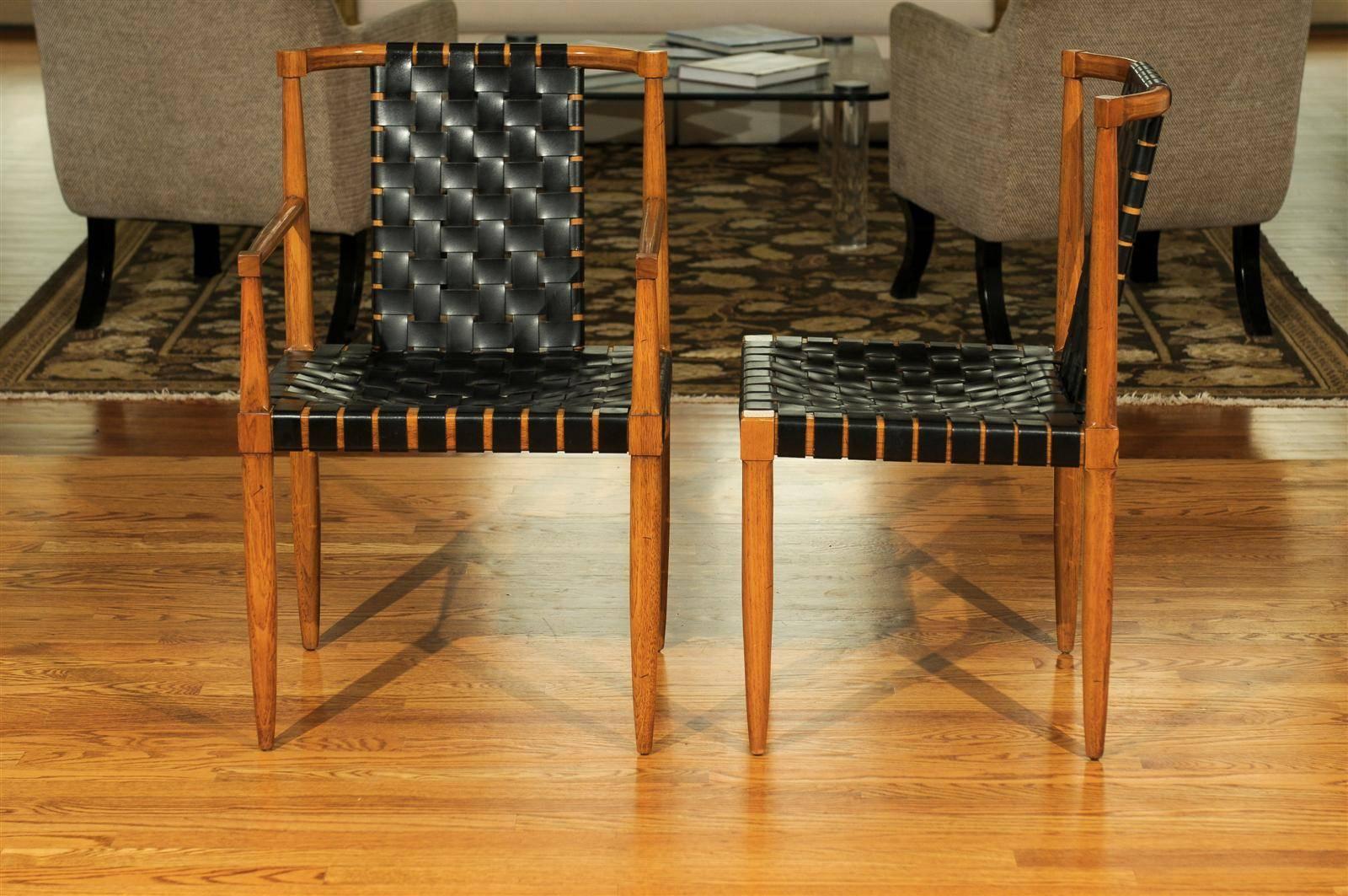 Mid-Century Modern Miraculous Rare Set of 8 Leather Strap Dining Chairs by Tomlinson, dated 1958 For Sale