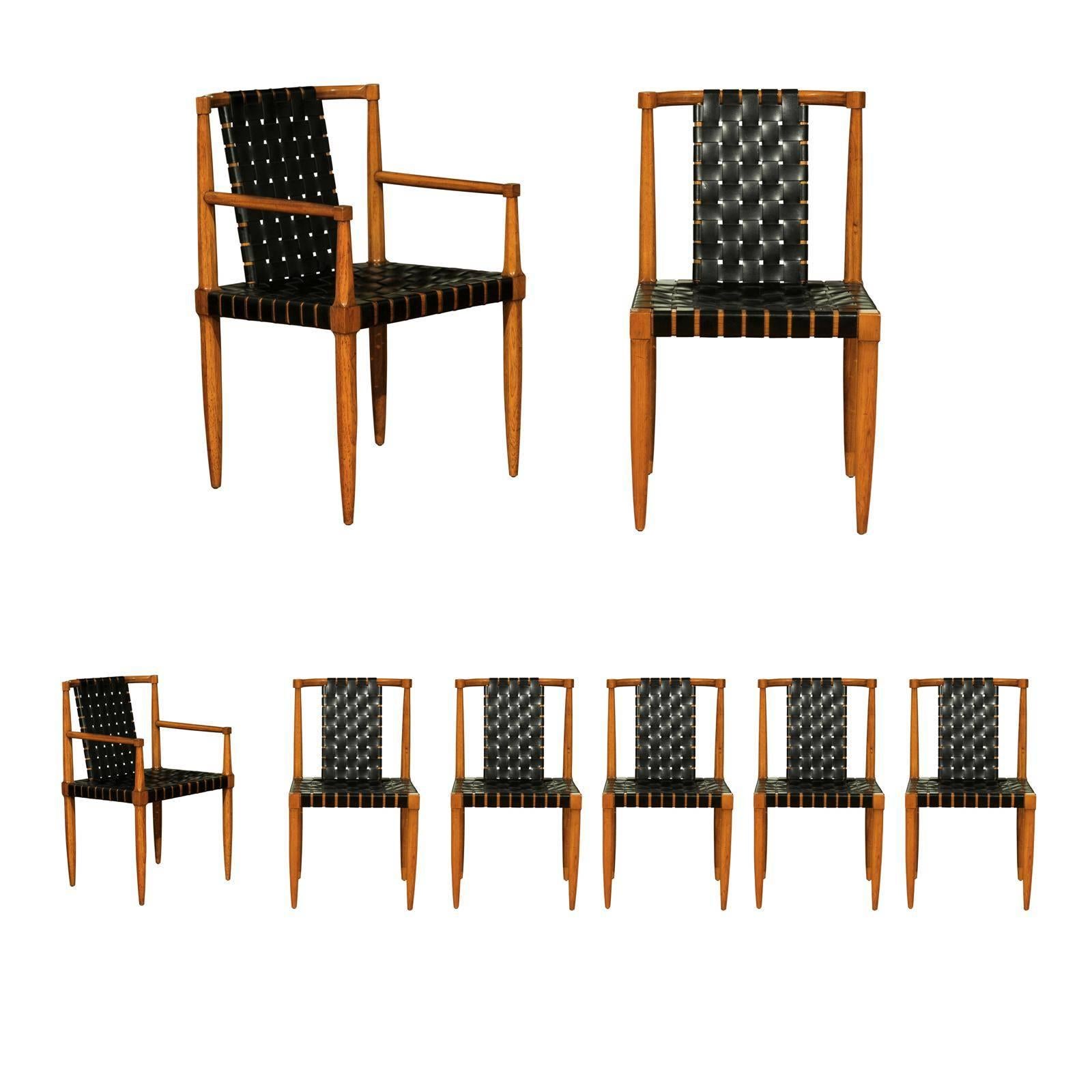 Miraculous et rare ensemble de 8 chaises de salle à manger à sangles en cuir par Tomlinson, daté de 1958