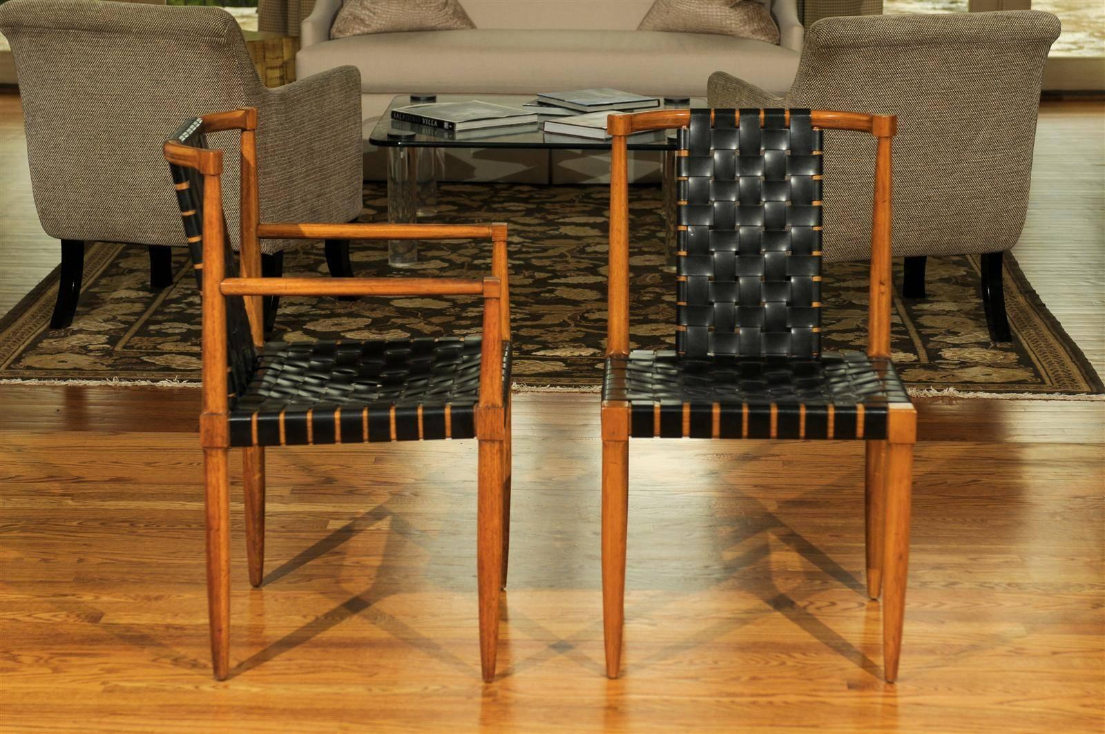 Miraculous Rare Set of 8 Leather Strap Dining Chairs by Tomlinson, dated 1958 In Excellent Condition For Sale In Atlanta, GA