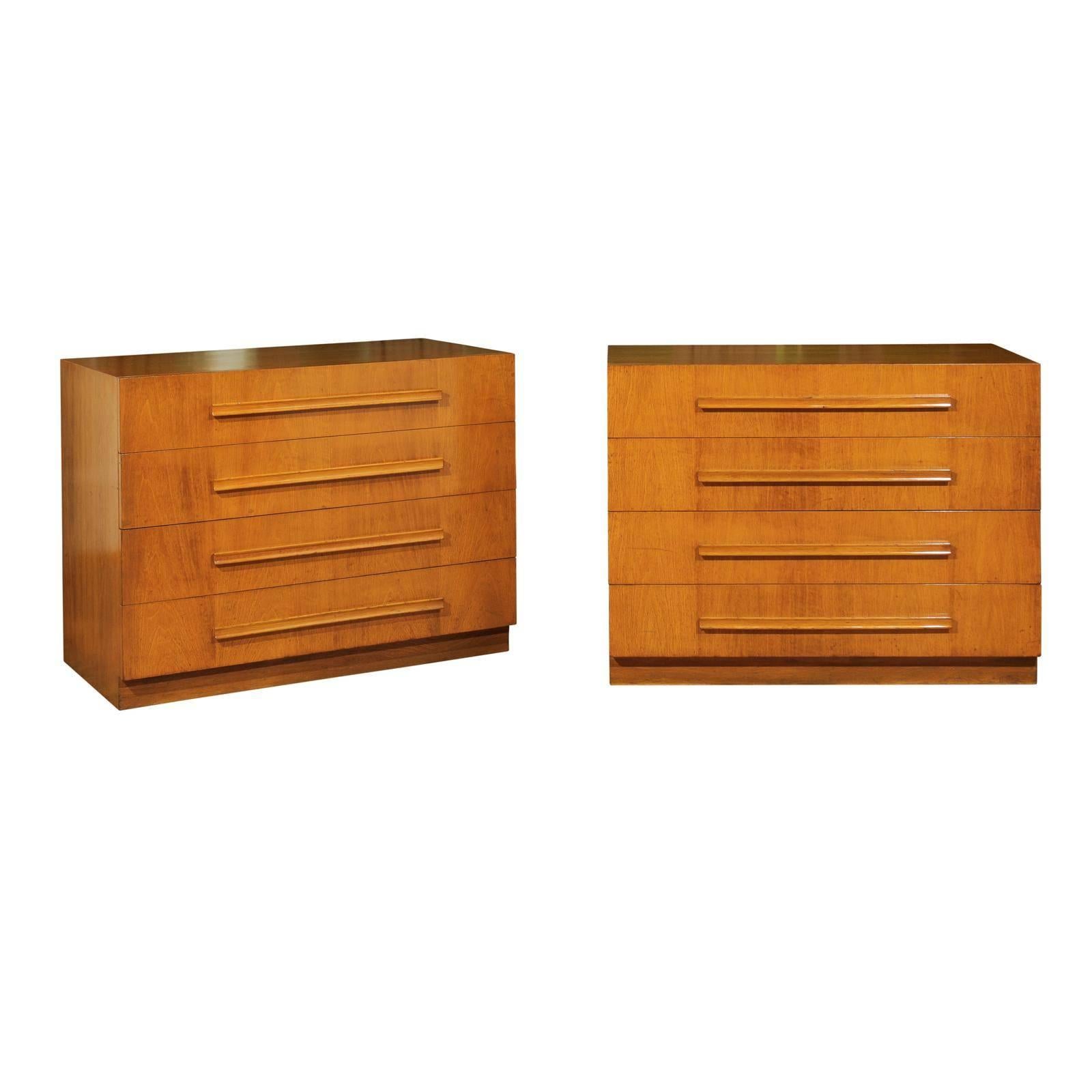 Coveted Pair of Saffron Walnut Commodes by T H Robsjohn-Gibbings, dated 1950  For Sale