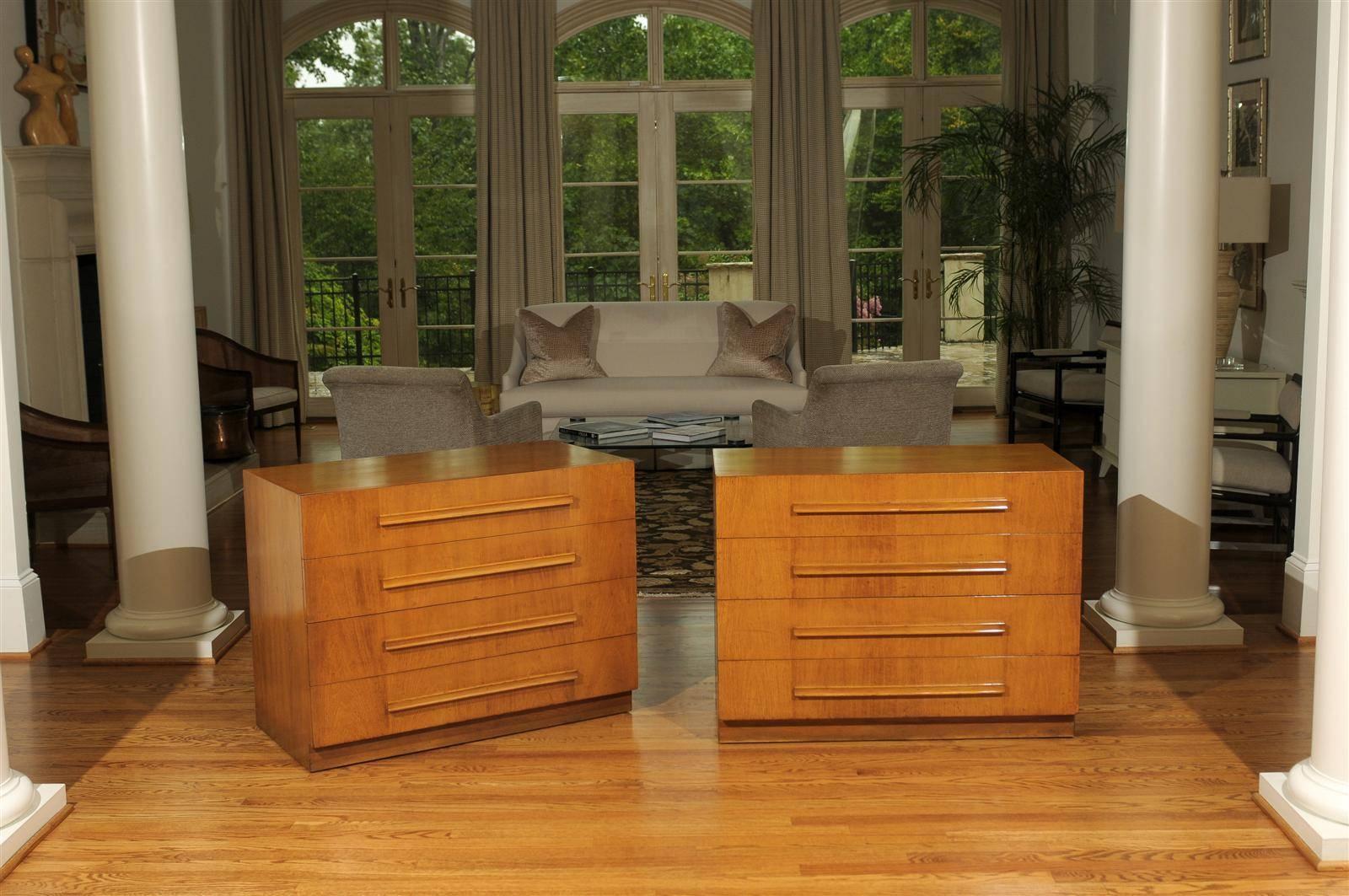 Mid-Century Modern Coveted Pair of Saffron Walnut Commodes by T H Robsjohn-Gibbings, dated 1950  For Sale