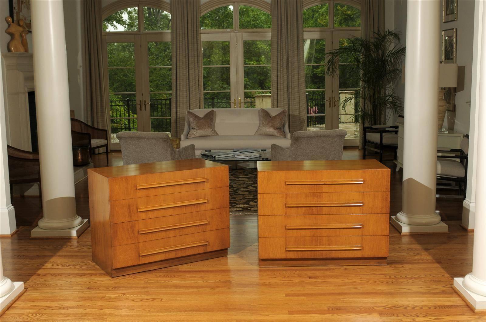 Mid-Century Modern Coveted Pair of Saffron Walnut Commodes by T H Robsjohn-Gibbings, dated 1950 For Sale