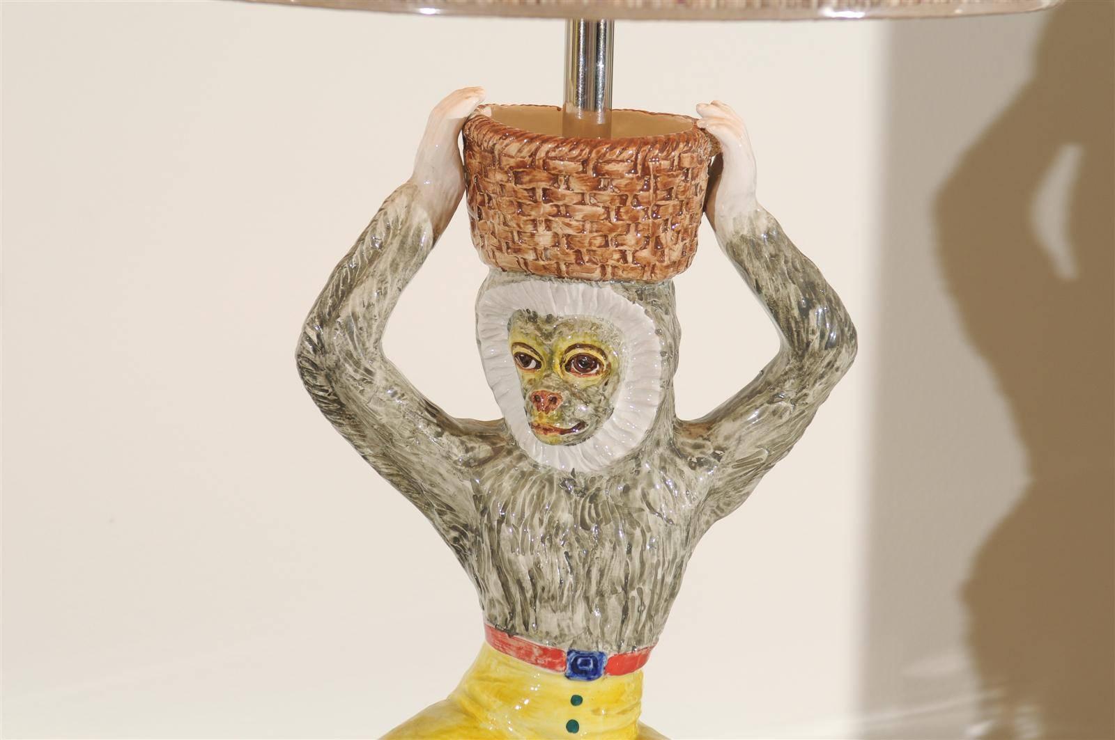 Captivating Pair of Vintage Hand-Painted Ceramic Monkeys as Custom Lamps In Excellent Condition In Atlanta, GA