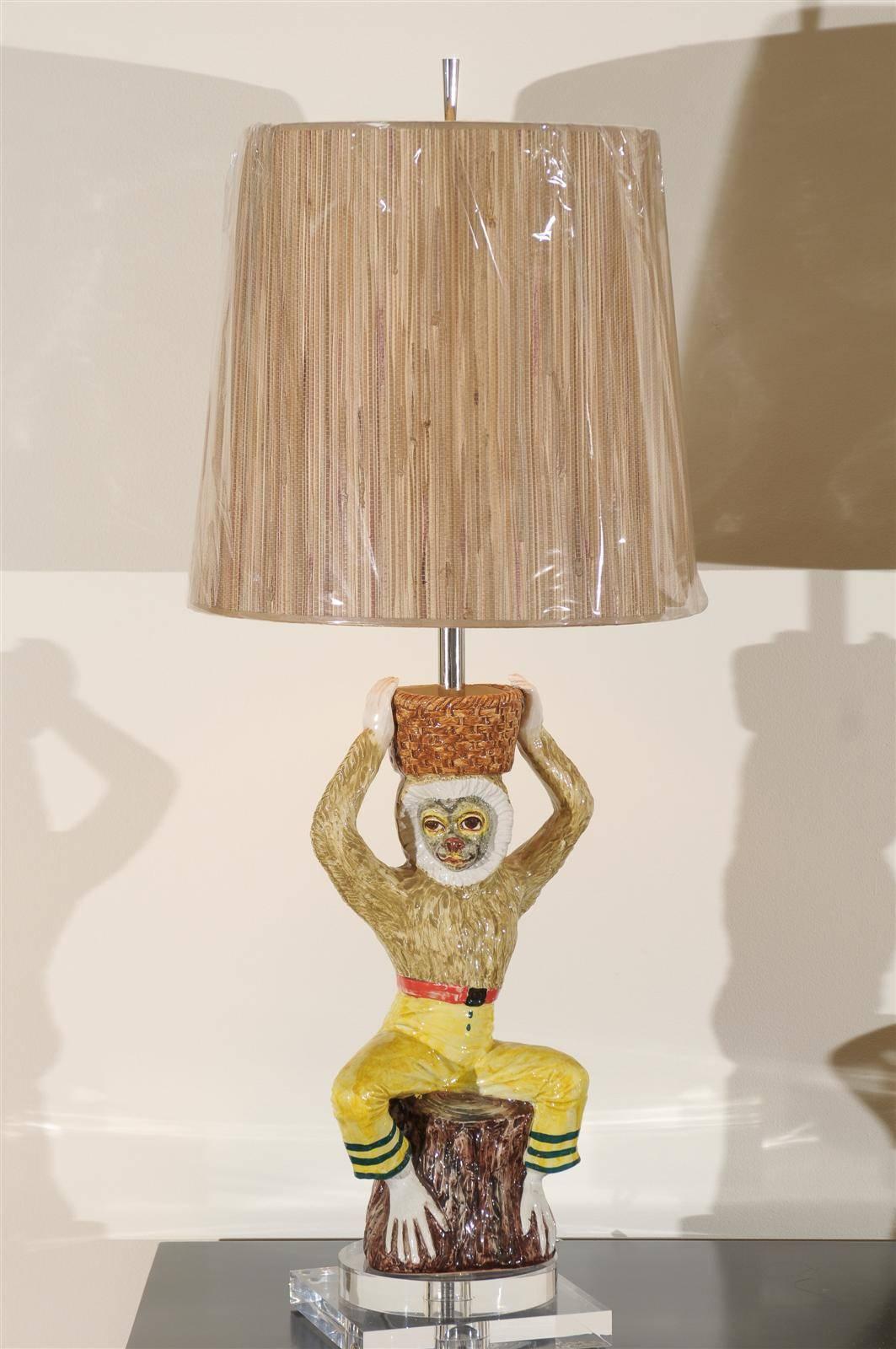 Captivating Pair of Vintage Hand-Painted Ceramic Monkeys as Custom Lamps 1