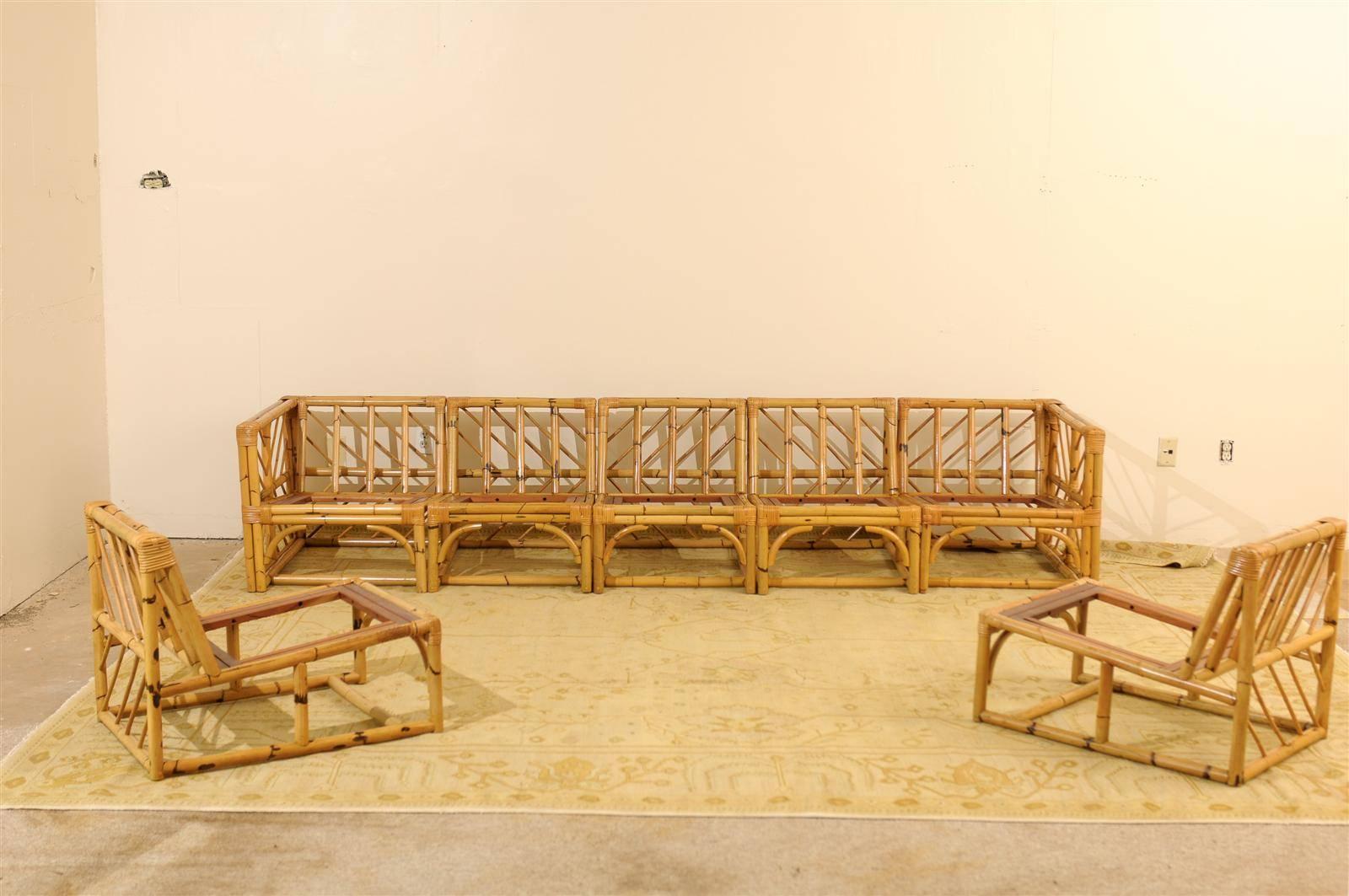 Mid-Century Modern Exceptional Restored Vintage Rattan and Mahogany Nine-Piece Seating Set