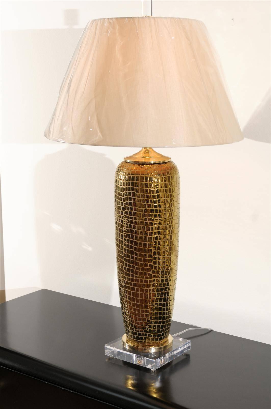 Unknown Spectacular Pair of Gold Crocodile Textured Ceramic Vessels as Custom Lamps
