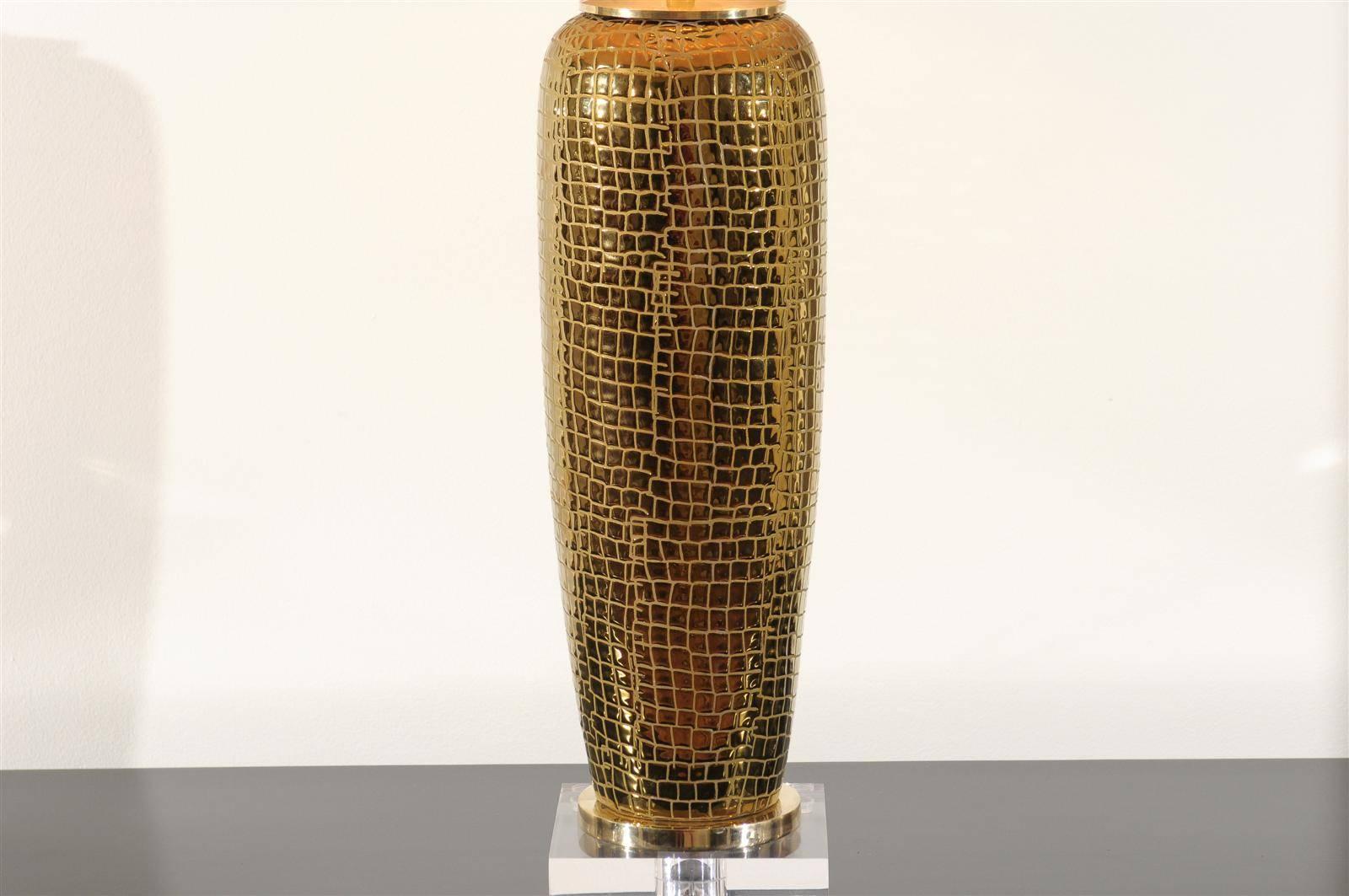 Late 20th Century Spectacular Pair of Gold Crocodile Textured Ceramic Vessels as Custom Lamps
