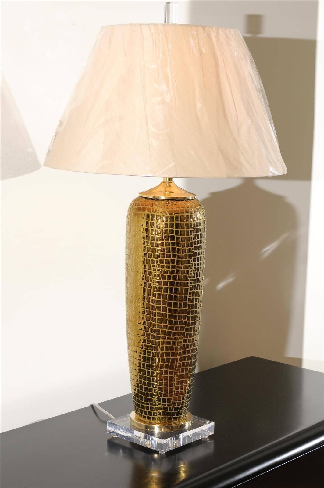 Brass Spectacular Pair of Gold Crocodile Textured Ceramic Vessels as Custom Lamps