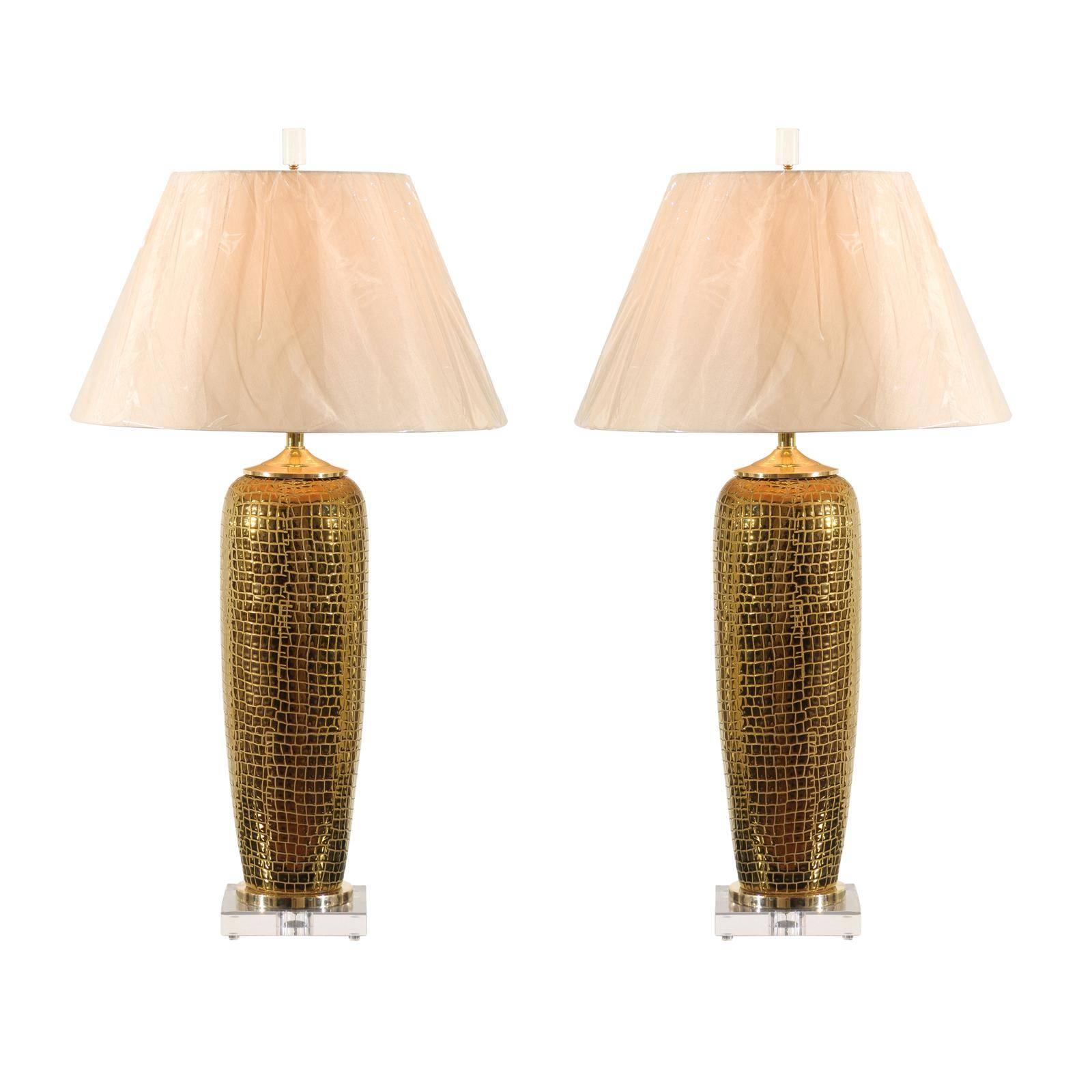 Spectacular Pair of Gold Crocodile Textured Ceramic Vessels as Custom Lamps