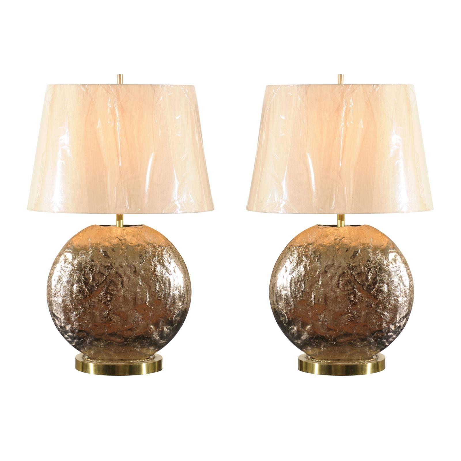 Restored Pair of Vintage Textured Steel and Brass Medallion Lamps For Sale