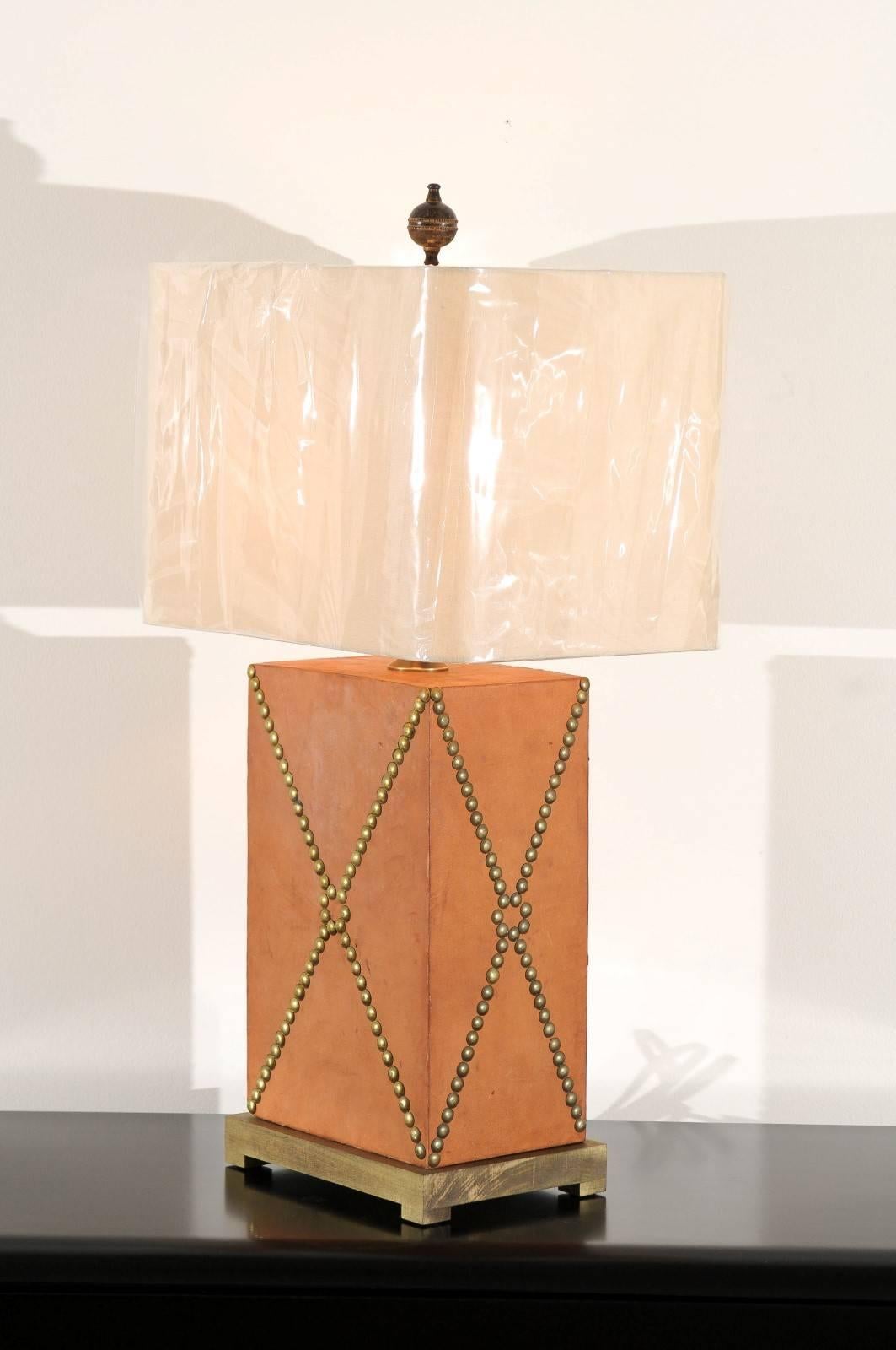 Late 20th Century Handsome Restored Pair of Vintage Custom Studded Leather Lamps For Sale