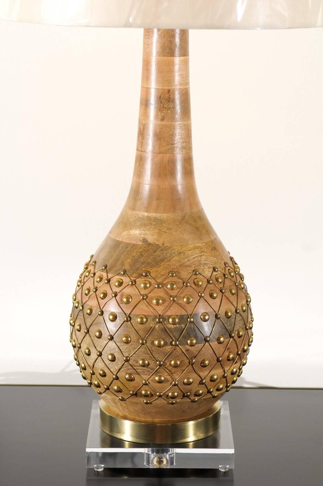 Late 20th Century Exquisite Pair of Handmade Brass Studded Gourd Vessels as Custom Lamps For Sale