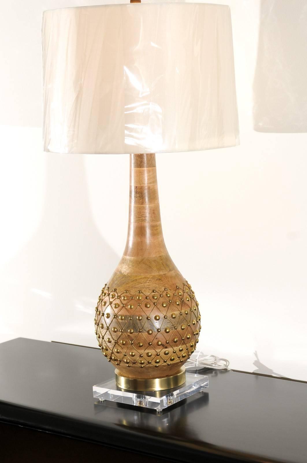 Unknown Exquisite Pair of Handmade Brass Studded Gourd Vessels as Custom Lamps For Sale