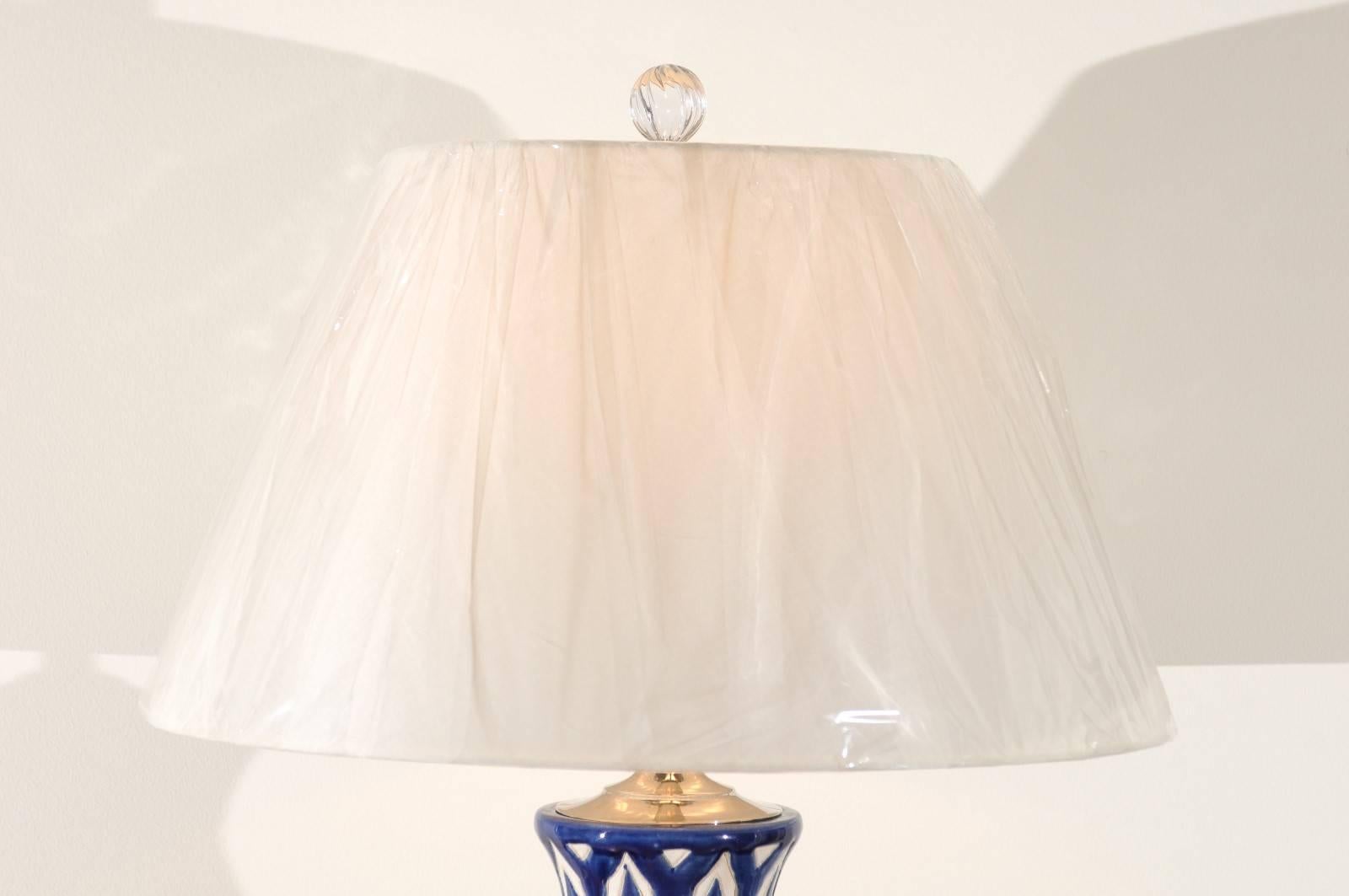 Striking Pair of Large-Scale Ceramic Lamps with Accents of Nickel and Lucite For Sale 3