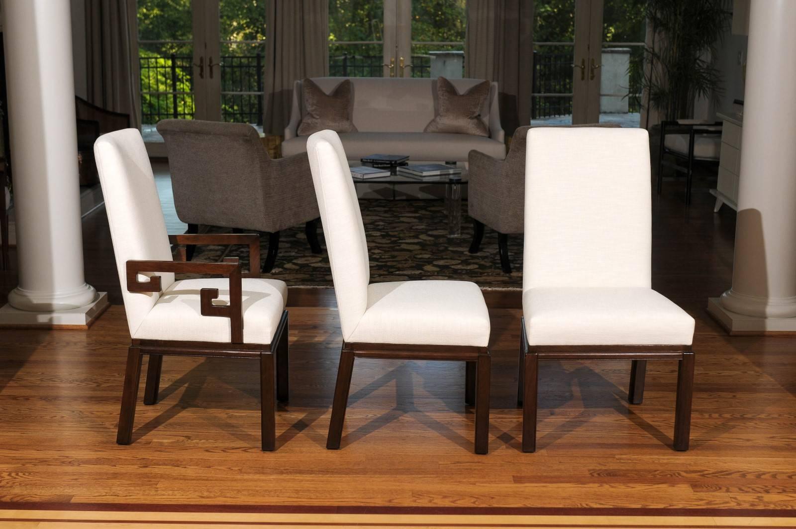 Noce Elegante set di 10 sedie Parsons in noce a chiave greca di Baker, circa 1970 in vendita
