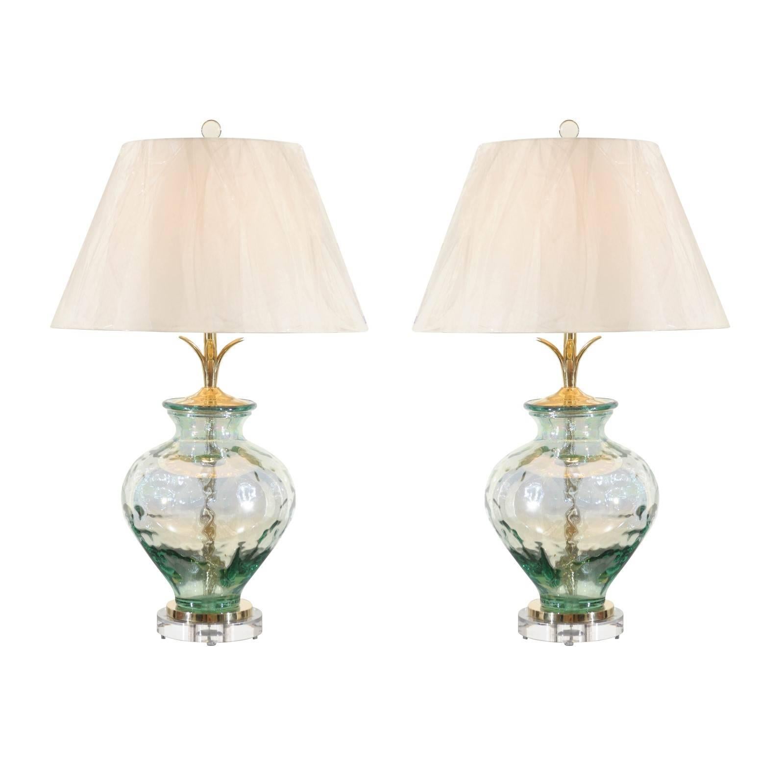 Stellar Pair of Custom Blown Glass, Brass and Lucite Lamps For Sale at  1stDibs