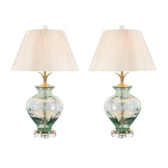 Retro Stellar Pair of Custom Blown Glass, Brass and Lucite Lamps