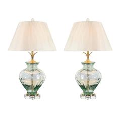 Stellar Pair of Custom Blown Glass, Brass and Lucite Lamps 7