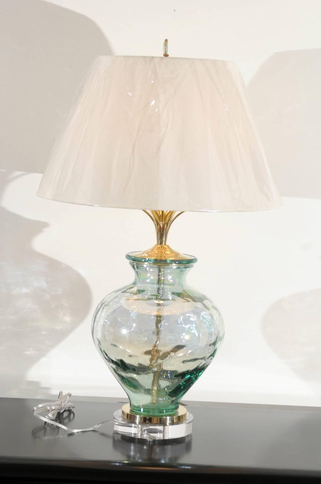 Late 20th Century Stellar Pair of Custom Blown Glass, Brass and Lucite Lamps For Sale