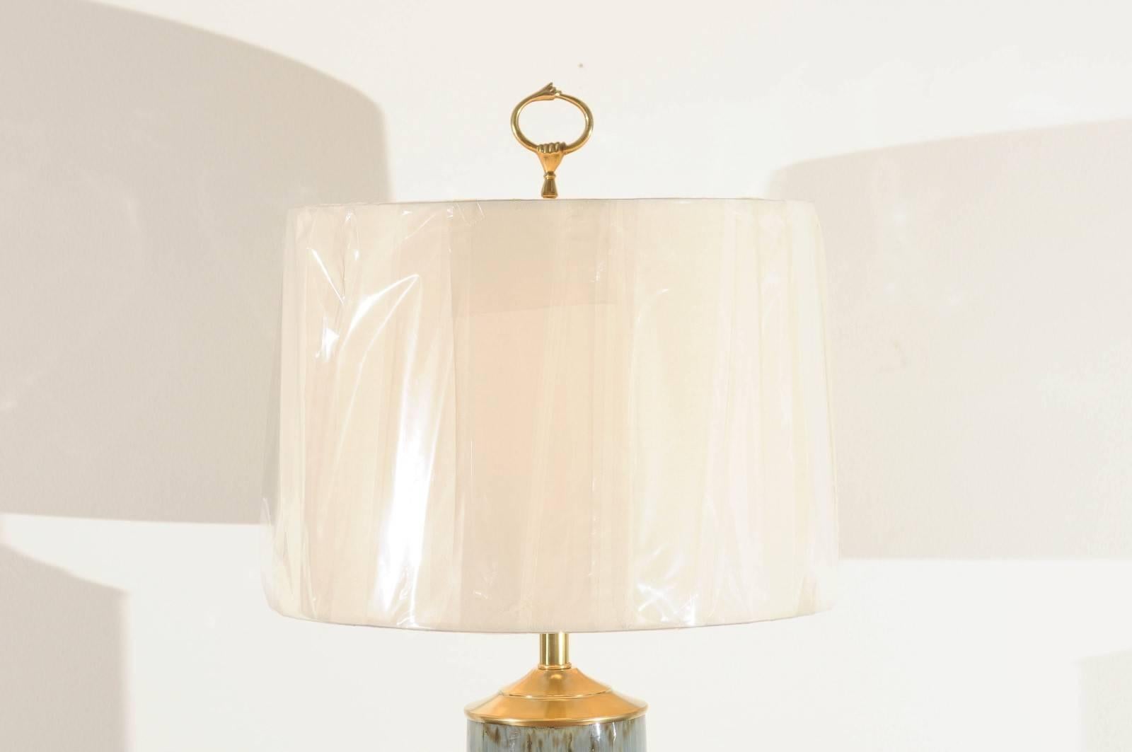 Beautiful Pair of Drip Glaze Ceramic Lamps with Lucite and Brass Accents In Excellent Condition In Atlanta, GA