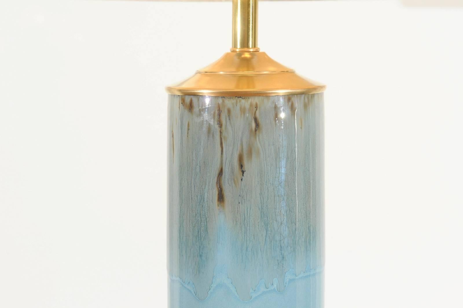 Beautiful Pair of Drip Glaze Ceramic Lamps with Lucite and Brass Accents 1