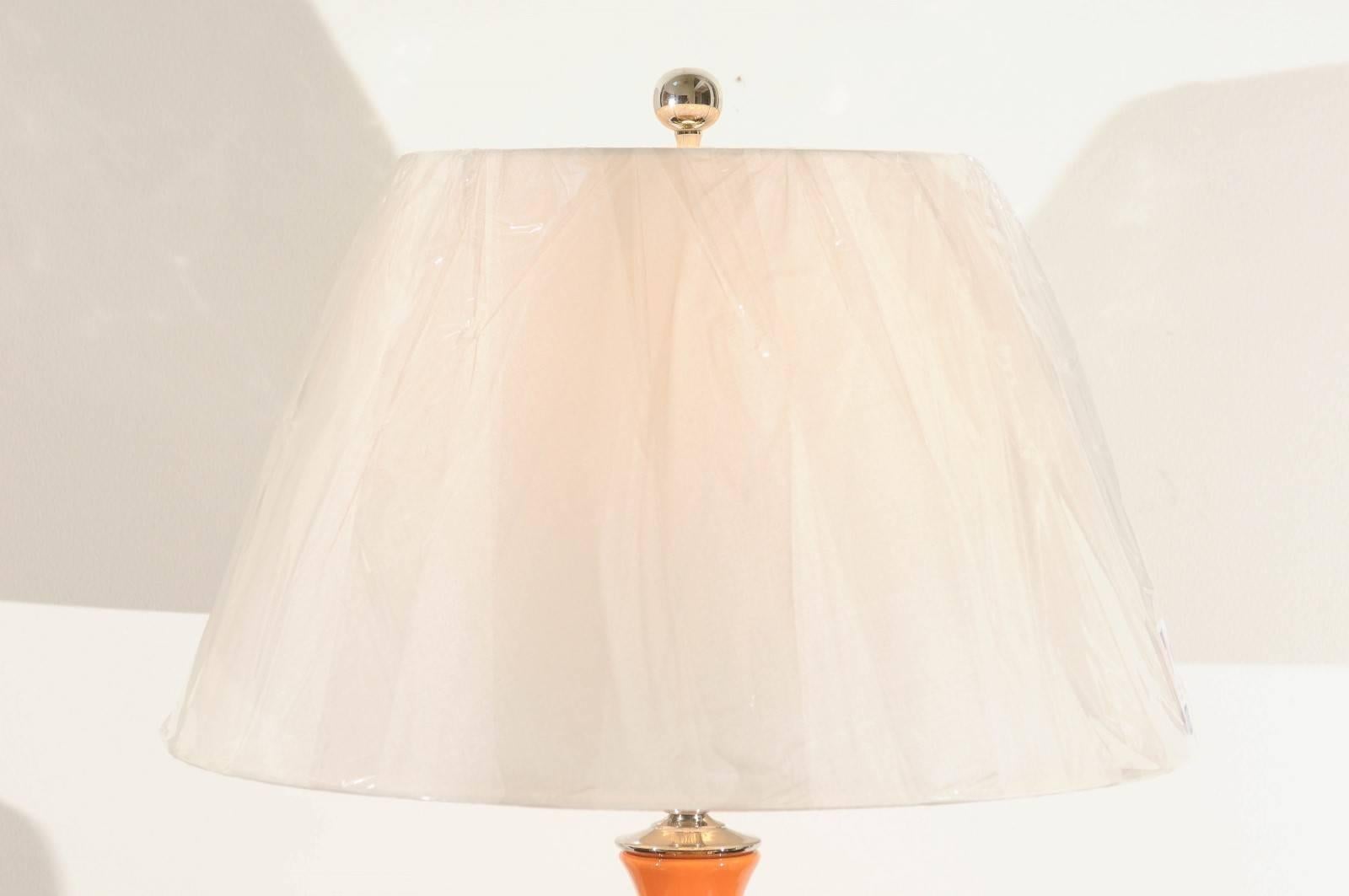 Late 20th Century Vibrant Pair of Modern Tangerine Ceramic Lamps For Sale