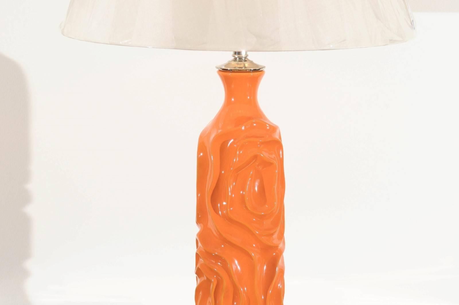 Nickel Vibrant Pair of Modern Tangerine Ceramic Lamps For Sale