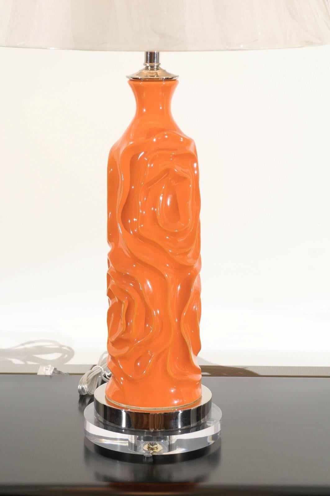 Vibrant Pair of Modern Tangerine Ceramic Lamps For Sale 1