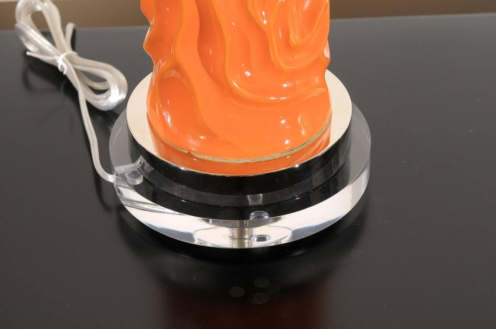 Vibrant Pair of Modern Tangerine Ceramic Lamps For Sale 2