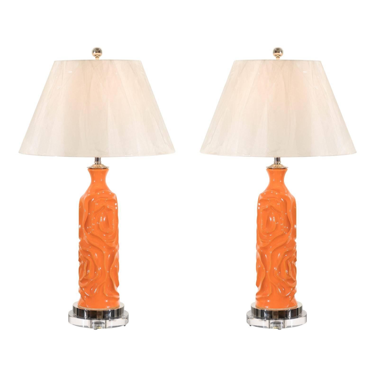 Vibrant Pair of Modern Tangerine Ceramic Lamps