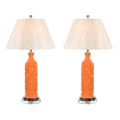 Vibrant Pair of Modern Tangerine Ceramic Lamps