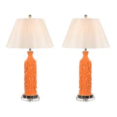 Vibrant Pair of Modern Tangerine Ceramic Lamps 12