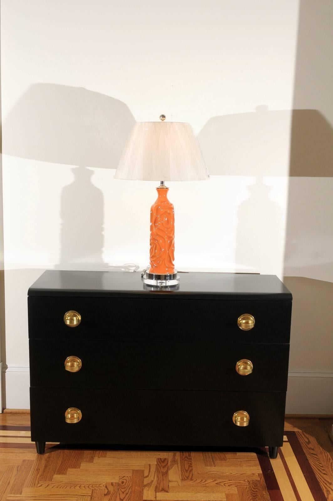 Mid-Century Modern Vibrant Pair of Modern Tangerine Ceramic Lamps For Sale