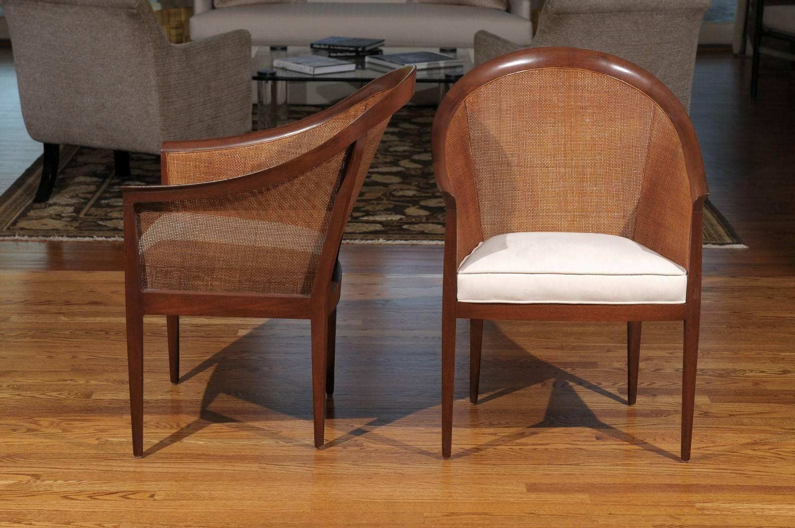 Elegant Restored Pair of Walnut Cane Chairs by Kipp Stewart for Directional In Excellent Condition For Sale In Atlanta, GA