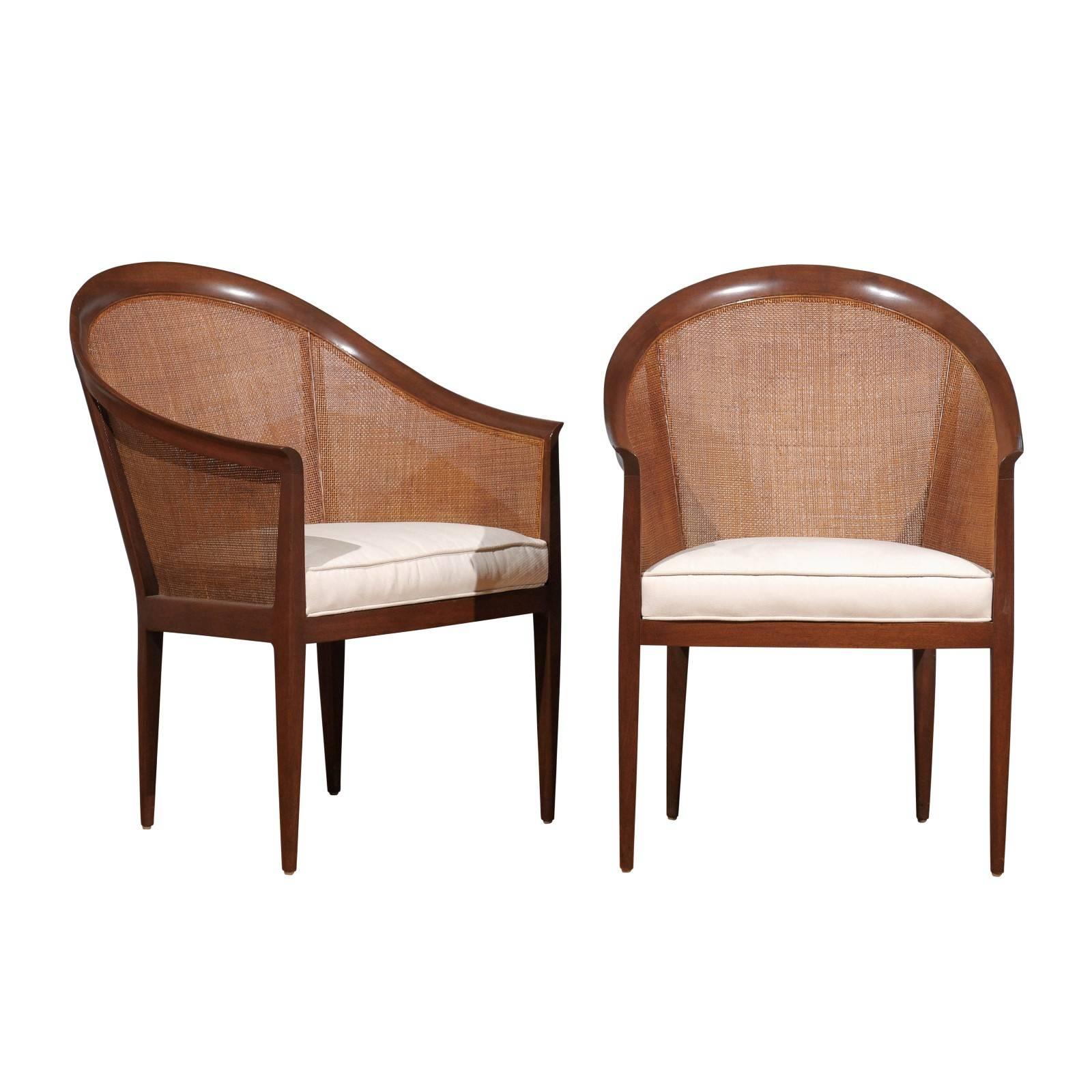 Elegant Restored Pair of Walnut Cane Chairs by Kipp Stewart for Directional
