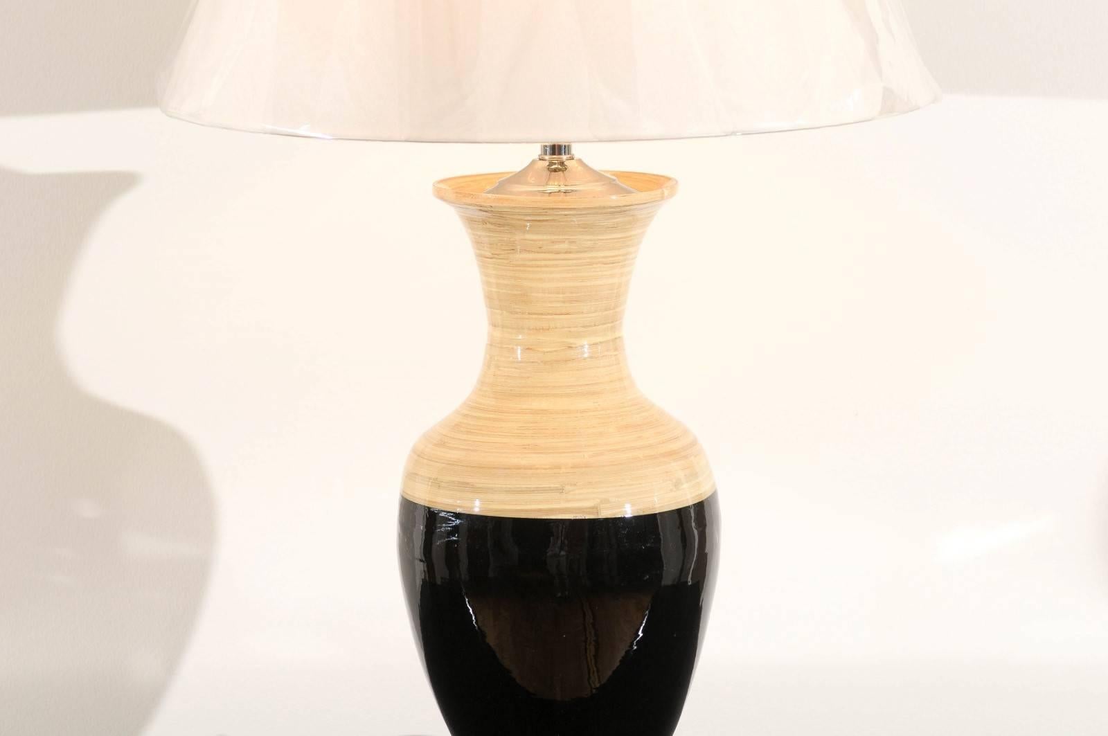 Striking Pair of Bamboo Lamps with Accents of Lucite, Nickel and Black Lacquer In Excellent Condition For Sale In Atlanta, GA