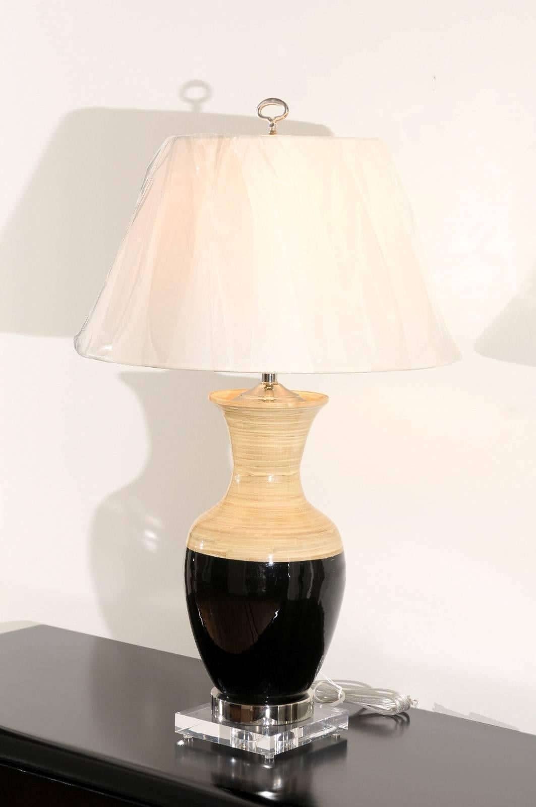 Late 20th Century Striking Pair of Bamboo Lamps with Accents of Lucite, Nickel and Black Lacquer For Sale