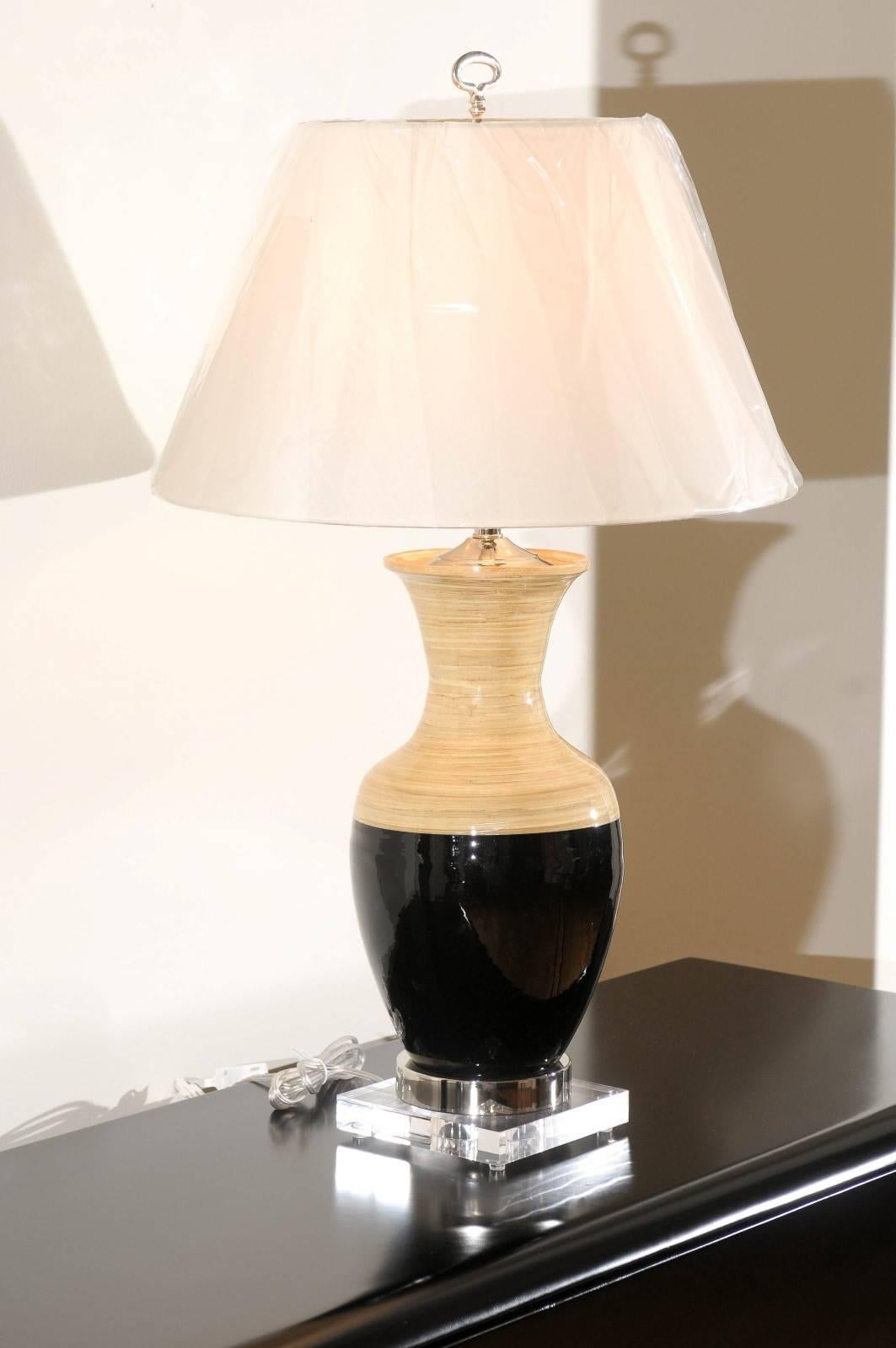 Striking Pair of Bamboo Lamps with Accents of Lucite, Nickel and Black Lacquer For Sale 2