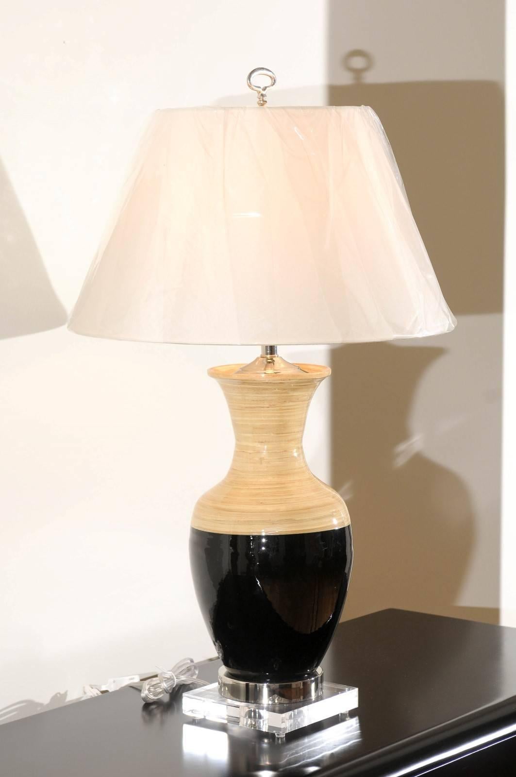 Striking Pair of Bamboo Lamps with Accents of Lucite, Nickel and Black Lacquer For Sale 3