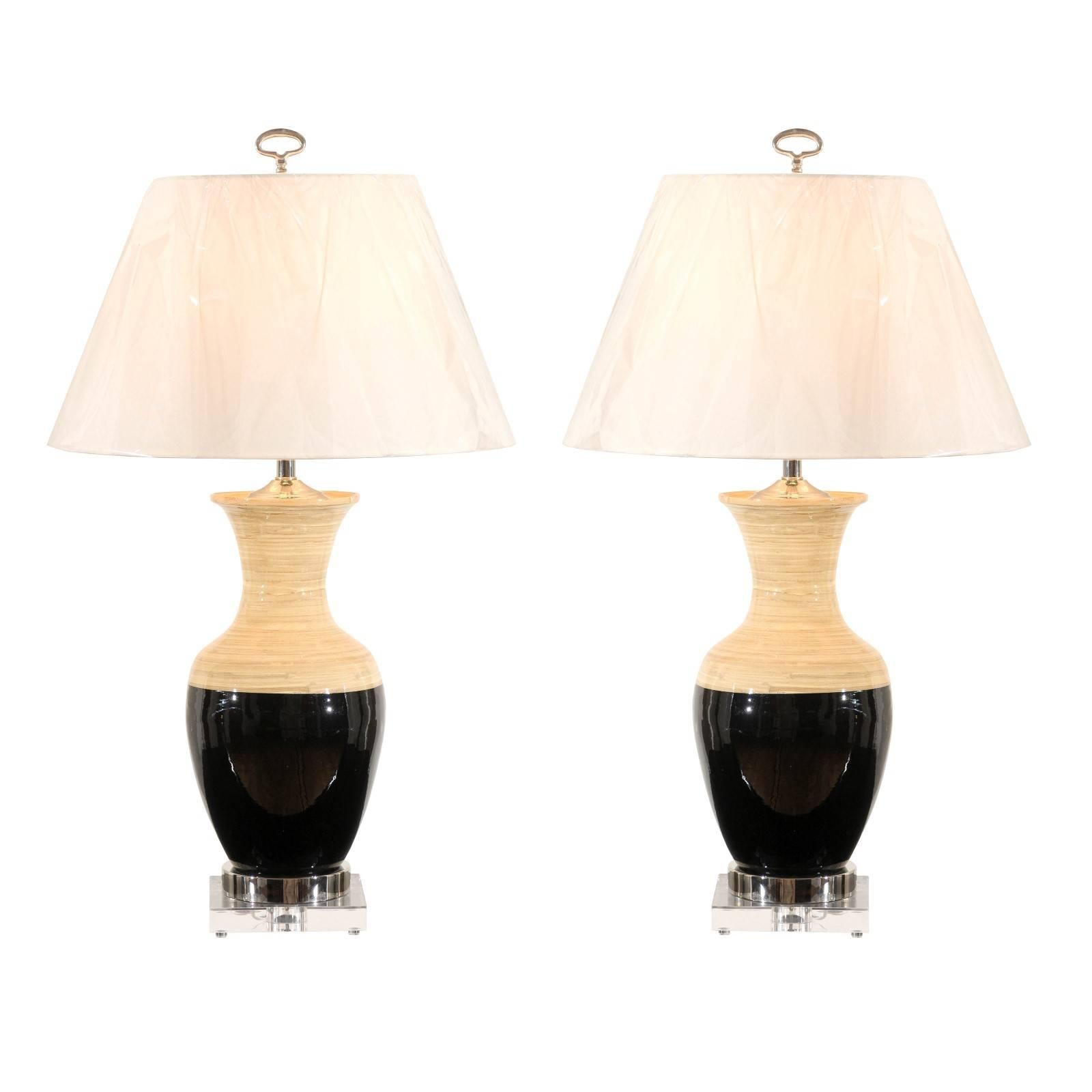 Striking Pair of Bamboo Lamps with Accents of Lucite, Nickel and Black Lacquer For Sale